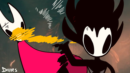 2_horns ambiguous_gender attack biped black_body black_eyes cloak clothed clothing duo empty_eyes holding_melee_weapon holding_object holding_weapon horn melee_weapon motion_lines red_cloak red_clothing text weapon white_text wounded diives hollow_knight:_silksong hollow_knight_(franchise) jujutsu_kaisen team_cherry hornet_(hollow_knight) phantom_(hollow_knight:_silksong) arthropod 16:9 2026 animated artist_name english_text hi_res widescreen