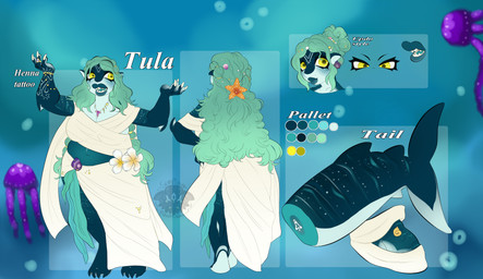 anthro arm_tattoo big_breasts breasts female hair multicolored_body navel non-mammal_breasts non-mammal_navel overweight overweight_anthro overweight_female sea solo tattoo teal_hair thick_thighs water wide_hips yellow_eyes meowlynx aquatic carpet_shark fish shark whale_shark absurd_res hi_res model_sheet