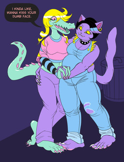 4_toes anthro anthro_on_anthro arm_around_partner barefoot belly big_breasts biped black_hair blonde_hair blush bottomwear breasts claws cleavage clothed clothing collar crop_top dialogue duo ear_piercing ear_ring eye_contact eyelashes fangs feet female female/female foot_on_foot footsie green_body hair hand_holding interlocked_fingers lipstick long_claws looking_at_another love_handles makeup open_mouth open_smile overalls overweight overweight_anthro overweight_female pants pawpads piercing pink_lipstick pink_sclera plantigrade plantigrade_pawpads pupils purple_background purple_body ring_piercing romantic romantic_couple shirt simple_background slightly_chubby slightly_chubby_anthro slightly_chubby_female slit_pupils smile speech_bubble spiked_tail spikes spikes_(anatomy) standing tail talking_to_another talking_to_partner teeth text toes topwear trash_can yellow_sclera misstrashcat undertale undertale_(series) bratty_(undertale) catty_cattenheimer alligator alligatorid crocodilian domestic_cat felid feline felis mammal reptile scalie 2018 absurd_res digital_media_(artwork) english_text hi_res
