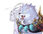 anthro arm_wraps armor beads beard breastplate brown_nose facial_hair fangs fur grey_body grey_fur magatama male open_mouth simple_background solo teeth tongue white_background wraps yellow_sclera romikure sdorica law_(sdorica) canid canine canis mammal wolf 2021 hi_res