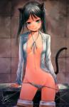 2010 animal_humanoid black_hair blue_eyes breasts cat_humanoid clothed clothing cute_fangs felid felid_humanoid feline feline_humanoid female francesca_lucchini hair humanoid lasterk looking_at_viewer mammal mammal_humanoid navel nipples panties partially_clothed ribbons smile solo strike_witches underwear