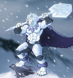 abs armor axe battle_axe cape clothed clothing fur greaves hair jewelry male mane mane_hair melee_weapon muscular necklace pecs snow solo topless weapon white_body white_fur kingdomblade bandai_namco digimon digimon_(species) felid iceleomon iceleomon_x lion mammal panjyamon panjyamon_x pantherine x-digimon hi_res