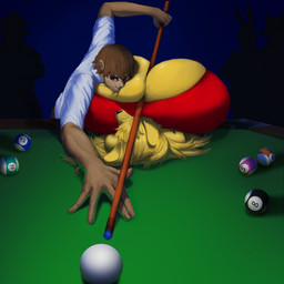 12_ball 14_ball 4_ball 5_ball 5_fingers 8_ball anthro ball big_breasts billiard_ball billiard_table blonde_hair breasts brown_hair clothing cue_ball female female_anthro fingers fur furniture group hair huge_breasts hyper hyper_breasts male male_human red_clothing table white_clothing yellow_body yellow_fur liodimor canid canine canis domestic_dog human mammal 1:1 2025 hi_res