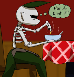 anthro bone bowl container exposed_bone female food fur furniture green_body green_fur la_esqueleto_(chefrens) mouthless restaurant rib_cage skeleton skinless solo soup speech_bubble spine table chefrens canid canine canis mammal skulldog_(species) wolf hi_res