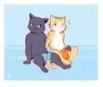 anthro balls blush border clothed clothing duo erection erection_under_clothing fur genitals heart_symbol male male/male penis simple_background sitting smile stripes underwear whiskers white_border young tohfu working_buddies! kuehiko_roshihara tapio_chatarozawa domestic_cat felid feline felis mammal digital_media_(artwork) hi_res