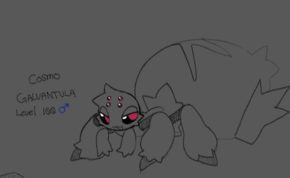 6_eyes arthropod_abdomen black_sclera feral fur grey_background male multi_eye open_mouth red_eyes simple_background solo text redactedinlight nintendo pokemon arachnid arthropod galvantula generation_5_pokemon pokemon_(species) spider 2025 english_text
