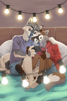anthro bangs bed bedroom black_claws black_eyebrows black_nose black_pawpads black_phone blue_bottomwear blue_clothing blue_shorts bottomwear brown_body brown_eyes brown_fur brown_hair cellphone cheek_tuft claws clothing dipstick_tail duo electronics eyebrows facial_tuft fur furniture garland grey_body grey_clothing grey_fur grey_shirt grey_topwear hair hand_on_another's_shoulder hand_on_shoulder head_to_head holding_object holding_phone hoodie hug hugging_another inside looking_at_object looking_at_phone male male/male markings multicolored_body multicolored_fur on_bed open_mouth open_smile pawpads paws phone pillow pink_tongue red_clothing red_hoodie red_topwear shirt short_hair shorts sitting size_difference smartphone smile snout tail tail_markings tan_body tan_fur teeth tongue topwear tuft white_markings azzai canid canine canis domestic_dog husky mammal nordic_sled_dog spitz wolf