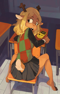 2_toes anthro antlers barefoot black_bottomwear black_clothing black_hooves black_skirt blonde_hair bottomwear breasts brown_body brown_fur buckteeth chair checkered checkered_clothing checkered_shirt checkered_topwear classroom clothed clothed_anthro clothed_female clothing cloven_hooves detailed_background dipstick_tail electronics eyebrows eyelashes feet female female_anthro freckled_face freckles fully_clothed fully_clothed_anthro fully_clothed_female fur furgonomic_bottomwear furgonomics furniture game_console hair hooved_plantigrade hooved_toes hooves horn long_ears long_hair looking_aside markings on_chair open_mouth pattern_clothing pattern_shirt pattern_topwear plantigrade raised_tail school scut_tail shirt short_tail sitting sitting_on_chair skirt solo surprised table tail tail_markings technology teeth thick_thighs toes tongue topwear edtropolis deltarune game_boy_color game_boy_family nintendo undertale_(series) noelle_holiday deer mammal new_world_deer reindeer 2025 absurd_res hi_res signature