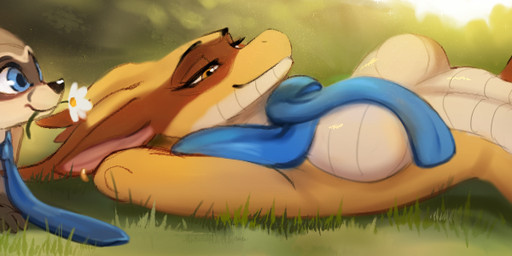 4_toes 5_fingers accessory all_fours amber_eyes anthro blue_eyes breasts brown_body brown_fur chibi duo featureless_breasts featureless_crotch feet female fingers flower fur grass larger_anthro larger_female leg_markings lying male markings mascot navel necktie non-mammal_breasts non-mammal_navel nude nude_anthro nude_female nude_male on_side orange_body outside plant scales scarf size_difference smaller_anthro smaller_male smile socks_(marking) solo summer tan_body tan_fur tan_scales toes delki furaffinity mythology fender rednef canid canine dragon fox hybrid mammal mythological_creature mythological_scalie scalie 2026 hi_res long_image wide_image