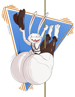 anthro big_butt butt chaps clothing fishnet_clothing fishnet_topwear huge_butt hyper hyper_butt male pole solo stripper_pole topwear metrothefox sam_and_max max_(sam_and_max) lagomorph leporid mammal rabbit absurd_res hi_res