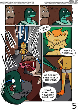 alley angry anthro bodily_fluids clothing crying_laughing dialogue fangs group humiliation knee_slap laugh male public public_nudity solo tears teeth text underwear loin_warrior popsicle_(loin_warrior) crocodile crocodilian felid feline mammal reptile scalie snake absurd_res comic english_text hi_res
