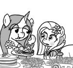 clothing dress duo ear_piercing earth_pony emerald_jewel_(colt_quest) equid equine fan_character female feral ficficponyfic flower food hasbro horn horse joyride_(colt_quest) male mammal monochrome my_little_pony mythological_creature mythological_equine mythology piercing plant pony ribbons unicorn young young_feral