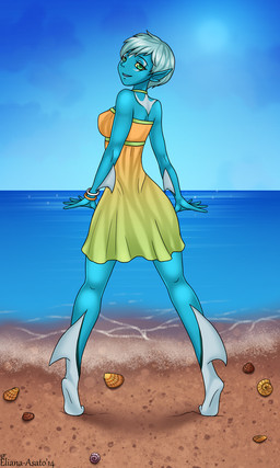 beach blue_body blue_hair blue_skin clothing detailed_background dress female green_eyes hair outside sand sea seaside shell short_hair sky smile solo standing sun water eliana-asato humanoid 2014 3:5 hi_res