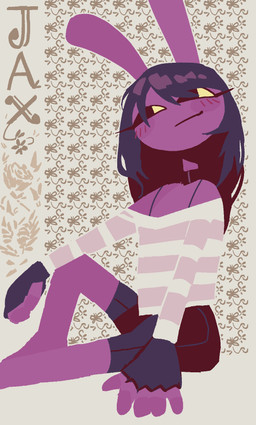 5_fingers anthro big_ears black_choker black_clothing black_fingerless_gloves black_gloves black_handwear black_jewelry black_necklace blush blush_lines bottomwear choker clothing dark_hair female fingerless_gloves fingers floral_background flower fur gloves hair handwear humanoid_hands jewelry long_hair necklace off-shoulder_top pattern_clothing pattern_shirt pattern_topwear plant purple_body purple_fur shirt shorts solo striped_clothing striped_shirt striped_topwear stripes text topwear white_clothing white_shirt white_topwear mistdrawz glitch_productions the_amazing_digital_circus gooseworx's_post-transition_jax_design jax_(tadc) lagomorph leporid mammal rabbit 2026 character_name english_description hi_res lineless trans_(lore) trans_woman_(lore)