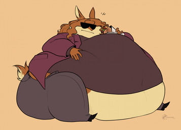 anthro belly big_belly big_butt butt clothing dark_pants dark_shirt eyewear food holding_burrito holding_food holding_object huge_belly jacket male navel obese obese_anthro obese_male orange_background overweight overweight_anthro overweight_male purple_clothing purple_jacket purple_suit purple_topwear simple_background sitting solo suit sunglasses thick_thighs topwear misscaine dave_(misscaine) lagomorph leporid mammal rabbit hi_res