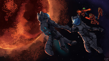 anthro detailed_background energy_sword energy_weapon floating group hand_holding holding_object holding_weapon male melee_weapon planet space spacesuit star sword tail text weapon lussat space_station_13 ferrif lento_taivaalla human mammal vulpkanin 16:9 english_text hi_res signature widescreen
