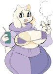 anthro beverage big_breasts biped black_eyebrows black_eyes bottomwear bra breasts cigarette clothed clothing curvy_figure eyebrows female front_view fur gesture glistening glistening_breasts hair hand_gesture holding_beverage holding_cigarette holding_object hoodie looking_aside open_mouth pants purple_bottomwear purple_bra purple_clothing purple_hoodie purple_pants purple_topwear purple_underwear raised_clothing raised_hoodie raised_topwear simple_background skimpy slightly_chubby slightly_chubby_anthro slightly_chubby_female smoke smoking solo standing tail tan_body tan_breasts tan_fur tan_tail thick_thighs topwear underwear v_sign voluptuous white_background fluffqween undertale undertale_(series) toriel boss_monster_(undertale) bovid caprine goat mammal 2022 digital_media_(artwork) hi_res portrait three-quarter_portrait