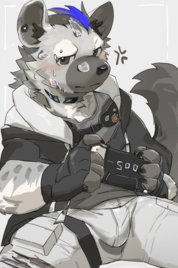 anthro black_clothing black_hair black_jacket black_topwear blue_hair blush bottomwear bulge clothing collar ear_piercing eyebrow_piercing facial_piercing fingerless_gloves fur gloves grey_body grey_fur hair handwear holding_object jacket looking_at_viewer male multicolored_hair pants piercing solo topwear two_tone_hair white_bottomwear white_clothing white_pants p7ywirzyw8lesuc yuqiqiya54831 arknights hypergryph studio_montagne spot_(arknights) hyena mammal spotted_hyena 2026 digital_media_(artwork) digital_painting_(artwork) hi_res painting_(artwork)