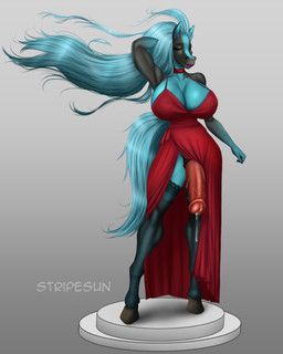 abs animal_genitalia animal_penis anthro armwear big_breasts black_body black_fur blue_body blue_fur blue_hair bodily_fluids breasts clothed clothing cosplay cross dress duo ear_piercing ear_ring equine_genitalia equine_penis eyes_closed fishnet_clothing flowing_hair fur genital_fluids genitals gloves gradient_background grey_background gynomorph hair hand_behind_head hand_in_hair handwear hooves intersex iron_cross long_hair multicolored_body muscular muscular_anthro nude nude_anthro penis piercing pose precum red_clothing red_dress ring_piercing simple_background skimpy small_waist smile solo tail thick_thighs touching_hair two_tone_body under_boob wide_hips sunstripe akeno_(itsnafulol) equid equine horse mammal absurd_res hi_res