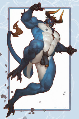 4_fingers abs action_pose anthro balls belly biceps big_muscles blue_body blue_eyes body_hair chest_hair claws feet finger_claws fingers foreskin genitals glans hair horn huge_muscles humanoid_genitalia humanoid_penis male muscular muscular_anthro muscular_male navel nipples non-mammal_balls nude nude_anthro nude_male partially_retracted_foreskin pecs penis pose scar simple_background solo tail tail_tuft talons teeth thick_thighs toes tuft urethra ventral_groove white_belly white_body x_scar taran_fiddler mythology garrett_the_dragon_(taran_fiddler) dragon mythological_creature mythological_scalie scalie wingless_dragon 2026 2:3 digital_drawing_(artwork) digital_media_(artwork) hi_res signature