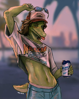 anthro baseball_cap beverage_can bottomwear brown_hair can clothing container crop_top denim denim_bottomwear denim_clothing eyewear eyewear_on_head facial_hair green_body green_scales hair hat headgear headwear holding_can holding_container holding_object jeans male midriff pants pose scales shirt solo stubble sunglasses sunglasses_on_head t-shirt tail tongue tongue_out topwear wearing_sunglasses noisybear gta_vi_cover_girl cooper_(noisybear) alligatorid crocodilian reptile scalie hi_res pinup