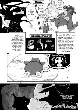 5_panel_comic ambiguous_gender angry anthro beak big_breasts black_eyes black_nose black_text breasts clothing cross-popping_vein dialogue directional_arrow ellipsis eyes_closed female feral group hat headgear headwear huge_breasts mouth_closed open_mouth pawpads paws question_mark speech_bubble talking_to_another text text_box tongue white_sclera heavenlyproductions nintendo pokemon avian generation_1_pokemon generation_2_pokemon generation_5_pokemon houndour leavanny mammal pokemon_(species) snorlax 2026 absurd_res comic end_page english_text hi_res monochrome