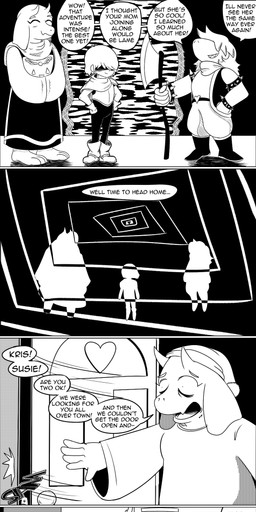 ambiguous_gender anthro axe clothing fangs female gameplay_mechanics group hair hair_over_eyes hat headgear headwear living_room melee_weapon nightcap sharp_teeth surprised teeth text weapon doompop3d deltarune undertale_(series) chairiel kris_dreemurr susie_(deltarune) toriel bovid caprine goat human mammal reptile scalie absurd_res comic english_text hi_res monochrome