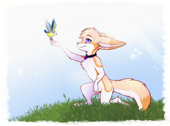 ambiguous_gender anthro beak biped claws countershade_torso countershading duo feathers feet feral fingers fur hair kneeling male nude nude_anthro nude_male outside smile tail toes wings rukifox avian bird canid canine fox mammal 2026 digital_drawing_(artwork) digital_media_(artwork)