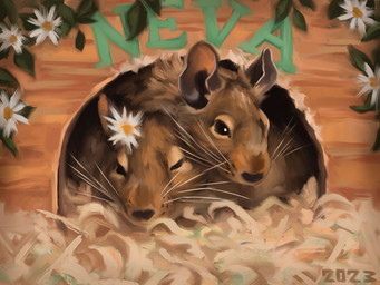 ambiguous_gender black_eyes black_nose brown_body brown_fur cuddling daisy_(flower) duo feral flower fluffy fur plant whisker_spots whiskers alexpahomov degu mammal octodontid rodent 2023