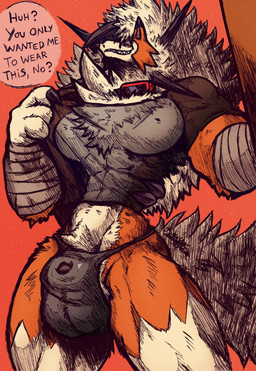 abs amber_eyes anthro balls barazoku biceps big_balls big_muscles big_pecs big_penis black_clothing black_markings black_shirt black_topwear blush bodily_fluids body_hair border bottomless bottomless_anthro bottomless_male bulge chest_hair chest_tuft claws clothed clothing clothing_pull cloud day dialogue dipstick_ears dog_tags dusk ear_markings eyewear eyewear_on_head facial_markings fangs finger_claws first_person_view fluffy fluffy_tail front_view fur genitals glistening glistening_eyes gloves goggles grin hair handwear head_markings looking_at_viewer low-angle_view male male_anthro manly markings multicolored_body multicolored_ears multicolored_fur multicolored_hair muscular muscular_anthro muscular_male muscular_thighs navel neck_tuft orange_background outside pecs penis pose quads question_mark scar sea seaside sharp_teeth shirt shirt_pull simple_background smile solo sparkles spiky_hair standing sweattail swimwear tail talking_to_viewer tan_background tan_body teeth text thick_arms thong tight_clothing topless topwear topwear_pull translucent translucent_clothing translucent_shirt translucent_topwear triceps tuft two_tone_body two_tone_fur underwear vein water white_body white_fur white_hair yellow_body yellow_eyes yellow_fur jwbash meme_clothing nintendo pokemon pokemon_mystery_dungeon see-through_shirt_meme spike_chunsoft kyoto_rex canid canine dusk_lycanroc generation_7_pokemon lycanroc mammal pokemon_(species) 2025 absurd_res english_description hatching_(art) hi_res meme pinup portrait shaded watermark