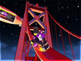 aircraft airship blue_eyes bodysuit boots bracelet bridge clothing detailed_background female footwear fur gloves handwear jacket jewelry nightsky purple_body purple_fur shoes skinsuit sliding solo star tight_clothing topwear vehicle xxkenthewolfxx sega sonic_the_hedgehog_(series) fan_character canid canine canis mammal wolf absurd_res hi_res