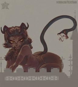anthro brown_body brown_fur female fur horn simple_background solo yellow_sclera velvetbambi chimera 2025 absurd_res hi_res