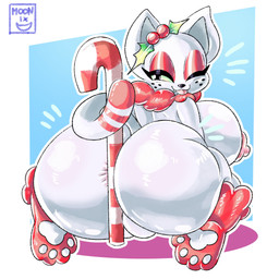 anthro anus big_breasts big_butt breasts butt butt_focus candy candy_cane dessert feet female food freckled_face freckles genitals holidays holly_(plant) huge_butt looking_at_viewer looking_back nipples nude one_eye_closed plant solo tail tongue tongue_out vulva white_body wink winking_at_viewer moonix_xero christmas junipurr domestic_cat felid feline felis mammal 1:1 2025 absurd_res hi_res