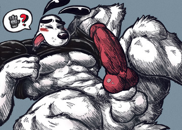 abs animal_genitalia animal_penis anthro balls barazoku biceps big_penis black_clothing black_nose black_shirt black_topwear blep blush bodily_fluids body_hair bottomless butt clothed clothing clothing_lift deltoids dog_tags erection eyebrows eyes_closed forearm_muscles fur furgonomics genitals glans huge_penis humanoid_genitalia humanoid_penis hybrid_genitalia hybrid_penis knot knotted_humanoid_penis knotted_penis lying male markings muscular muscular_anthro muscular_male muscular_thighs navel nude obliques on_back partially_clothed pecs penile penis raised_clothing raised_shirt raised_topwear sheath shirt shirt_lift simple_background solo sweat tail tongue tongue_out topwear topwear_only tuft white_body white_fur jwbash nickelodeon t.u.f.f._puppy dudley_puppy canid canine canis domestic_dog mammal absurd_res hatching_(art) hi_res shaded