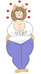 anthro big_breasts black_nose blue_eyes bottomwear breasts brown_hair cleavage clothed clothing denim denim_bottomwear denim_clothing feet female fur hair heart_symbol jeans pants shirt simple_background sitting smile solo tan_body tan_fur text text_on_clothing topwear white_background white_clothing white_shirt white_topwear kingretrokirby june_(jinu) canid canine canis domestic_dog mammal shiba_inu spitz 2019 hi_res