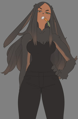 animal_arms buckteeth carrot clothed clothing dark_body dark_skin female floppy_ears food grey_background lop_ears plant simple_background solo teeth vegetable weeeeps animal_humanoid hare_humanoid humanoid lagomorph lagomorph_humanoid leporid_humanoid mammal mammal_humanoid werecreature werehare werelagomorph wererabbit 2022 absurd_res hi_res