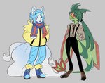 2_horns alolan_form alolan_ninetales alternate_species anthro anthrofied big_tail biped black_bottomwear black_clothing black_necktie black_pants blue_body blue_boots blue_bottomwear blue_clothing blue_eyes blue_footwear blue_fur blue_hair blue_inner_ear blue_pants blue_scarf blue_tail boots bottomwear brown_clothing brown_footwear brown_shoes canid canine clothed clothing colored digitigrade_footwear duo elite_four female femboy fluffy fluffy_tail flygon footwear fully_clothed fur furgonomic_footwear furgonomics furrification furry-specific_piercing generation_3_pokemon generation_7_pokemon glistening glistening_hair gradient_fur green_body green_hair green_scales grusha_(pokemon) gym_leader hair hclysword hi_res horn horn_piercing inner_ear_fluff insect_wings jacket long-sleeved_shirt long_tail male mammal membrane_(anatomy) membranous_wings monotone_body monotone_fur multi_tail multicolored_body multicolored_scales necktie nintendo no_shading pants piercing pokemon pokemon_(species) pokemorph red_body red_eyes red_scales red_scarf regional_form_(pokemon) rika_(pokemon) scales scalie scarf shoes smile smirk snout standing suspender_pant suspenders tail tomboy topwear tuft two_tone_body two_tone_scales white_body white_fur white_tail wings yellow_clothing yellow_jacket_(clothing) yellow_topwear