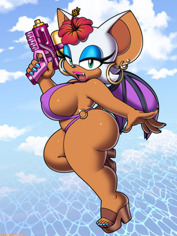 anthro big_breasts big_butt bikini breasts butt clothing ear_piercing ear_ring female green_eyes hair lipstick looking_at_viewer makeup nipple_outline piercing ring_piercing side_boob smile solo swimwear thick_thighs toy toy_gun two-piece_swimsuit water_gun white_hair wide_hips wings omegasunburst sega sonic_the_hedgehog_(series) rouge_the_bat bat mammal 2025 3:4 absurd_res hi_res