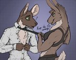 anthro bra clothed clothing clothing_pull duo female flirting_look male necktie necktie_pull open_clothing open_shirt open_topwear shirt sports_bra text topwear unbuttoning_shirt underwear malcombtheteadragon hare lagomorph leporid mammal mouse murid murine rodent hi_res