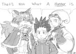 anthro bone clothed clothing dialogue eyebrows facial_scar fingers group hair male scar speech_bubble text trio young young_human young_male anaquariusart cyberconnect2 hunter_x_hunter little_tail_bronx sega solatorobo the_ocean_hunter gon_freecss red_savarin torel_(the_ocean_hunter) canid caninu human mammal absurd_res english_text hi_res monochrome