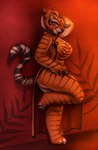 anthro asian_clothing breasts chinese_clothing chinese_dress clothed clothing dress east_asian_clothing female fur hand_behind_head hand_on_hip looking_at_viewer markings on_one_leg orange_body orange_fur side_view smile solo standing striped_markings striped_tail stripes tail tail_markings skye3337 chinese_zodiac dreamworks kung_fu_panda year_of_the_tiger master_tigress felid mammal pantherine tiger 2022 full-length_portrait hi_res portrait