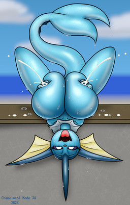 anthro anthrofied big_breasts bodily_fluids breast_squish breasts female huge_breasts lactating looking_at_viewer lying nipple_fetish nipple_pinch nipple_play pinch projectile_lactation solo squish tongue tongue_out wet_breasts wet_legs wet_tail wet_thighs chameloshi nintendo pokemon eeveelution generation_1_pokemon pokemon_(species) vaporeon hi_res