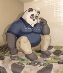 anthro bed black_body black_nose blush bottomwear clothing eyewear furniture glasses humanoid_hands male overweight overweight_male pants real shirt sitting solo topwear white_body charlieartsy bear giant_panda mammal 2021 hi_res
