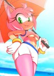 accessory amy_rose anthro blush bottomwear breasts clothed clothing cloud day dolphin_shorts eulipotyphlan female gloves green_eyes hair_accessory hairband handwear hedgehog hi_res mammal michiyoshi navel open_mouth pink_body pink_skin sega shorts signature solo sonic_the_hedgehog_(series) umbrella under_boob water