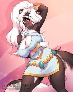 anthro bedroom_eyes big_breasts black_body black_fur black_nose blush breasts cleavage clothed clothing dress female fluffy fluffy_tail fur green_eyes hair narrowed_eyes seductive solo tail white_hair abluedeer bethellium vanadise_roselynn mammal mephitid skunk 2025 4:5 hi_res