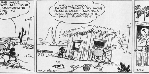 4_fingers anthro bottomwear cactus clothed clothing dialogue duo feral fingers gloves handwear hat headgear headwear male open_mouth outside pants plant pushing quadruped tail text floyd_gottfredson roy_nelson disney public_domain mickey_mouse minnie_mouse uncle_mortimer equid equine hybrid mammal mouse mule murid murine rodent 1930 20th_century absurd_res ancient_art black_and_white comic dated english_text hi_res long_image monochrome wide_image