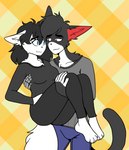 anthro clothing female male male/female tail gekomsufuzzy claus_(timmy_rap_1o1) june_(timmy_rap_1o1) arctic_fox canid canine domestic_cat felid feline felis fox humanoid mammal true_fox tuxedo_cat hi_res