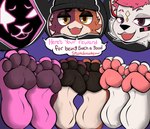 anthro dialogue feet female female/female foot_fetish foot_focus fur glowing glowing_eyes group hair pawpads paws pink_hair smug tongue tongue_out trio yellow_eyes zekato epic_games fortnite kimiko_five-tails meow_skulls raven_team_leader bear canid canine felid feline mammal absurd_res hi_res