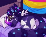 anthro anus balls bed blue_eyes butt feathered_wings feathers femboy fur furniture gaming genitals hair lgbt_pride male multicolored_body multicolored_fur nude on_bed pansexual_pride_colors pillow pride_colors purple_body purple_fur purple_hair small_wings solo stars_in_hair stars_in_tail white_body white_feathers white_fur wings kingsillysmilez nintendo nintendo_switch starbit_(kingsillysmilez) mammal procyonid raccoon 5:4