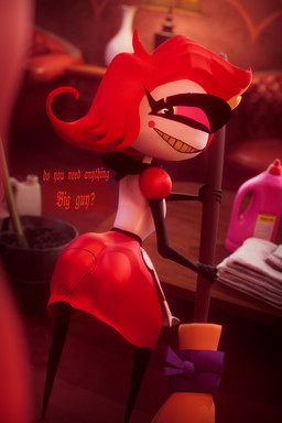 1_eye cleaning_tool clothed clothing dialogue duo eyelashes female holding_cleaning_tool holding_object looking_back maid_uniform male male/female not_furry rear_view red_body smile teeth uniform white_body parllyx hazbin_hotel hellaverse niffty_(hazbin_hotel) cyclops demon humanoid 2:3 3d_(artwork) absurd_res blender_(artwork) digital_media_(artwork) hi_res